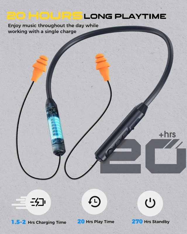 Alt view image 2 of 7 - MIPEACE Work Headphones, Bluetooth Earplug Headphones for Ear Protection | OSHA-Compliant Bluetooth Neckband Headphones for Long Shifts,29dB Noise Reduction,20H+ Battery & IPX6 Sweat Resistant-Orange