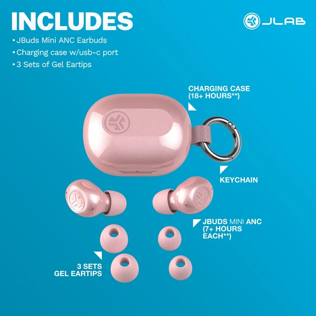 Alt view image 7 of 7 - JLab JBuds Mini ANC Jelle True Wireless Bluetooth Earbuds with Apple Find My, Blush Fund