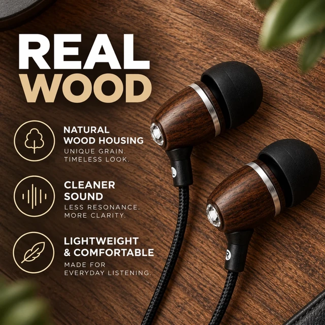 Alt view image 2 of 7 - Wooden Aux 3.5mm Jack Wired Earbuds for Laptop, Computer, Phone | Inline Microphone, Genuine Wood, Deep Bass, S/M/L Ear Bud Tips, Tangle Free Braided Cord, Carry Pouch, 3.5 mm Headphones Wire