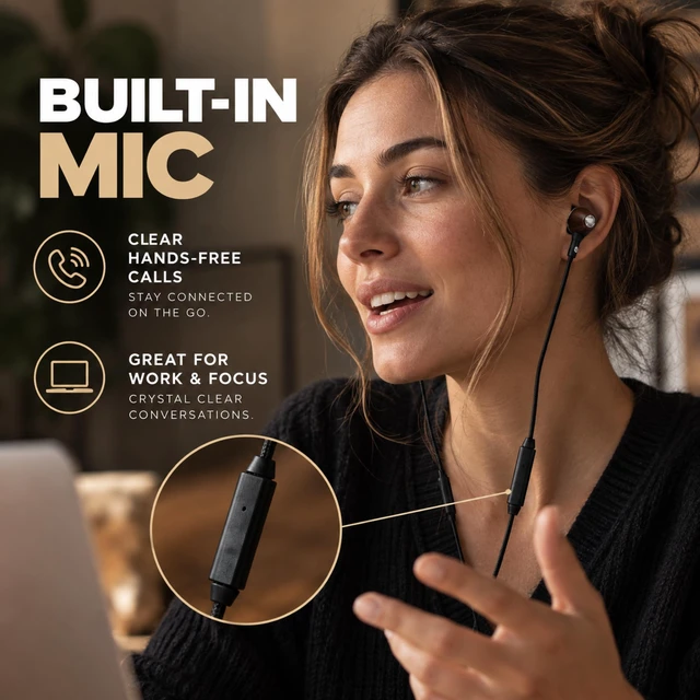 Alt view image 3 of 7 - Wooden Aux 3.5mm Jack Wired Earbuds for Laptop, Computer, Phone | Inline Microphone, Genuine Wood, Deep Bass, S/M/L Ear Bud Tips, Tangle Free Braided Cord, Carry Pouch, 3.5 mm Headphones Wire