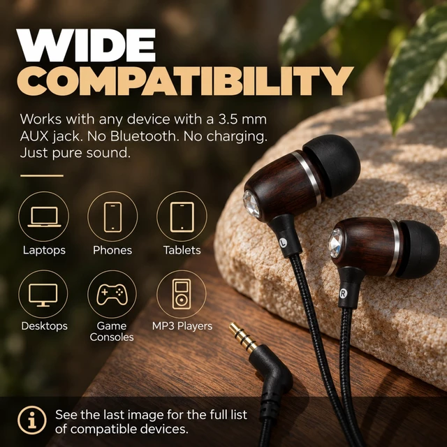 Alt view image 4 of 7 - Wooden Aux 3.5mm Jack Wired Earbuds for Laptop, Computer, Phone | Inline Microphone, Genuine Wood, Deep Bass, S/M/L Ear Bud Tips, Tangle Free Braided Cord, Carry Pouch, 3.5 mm Headphones Wire
