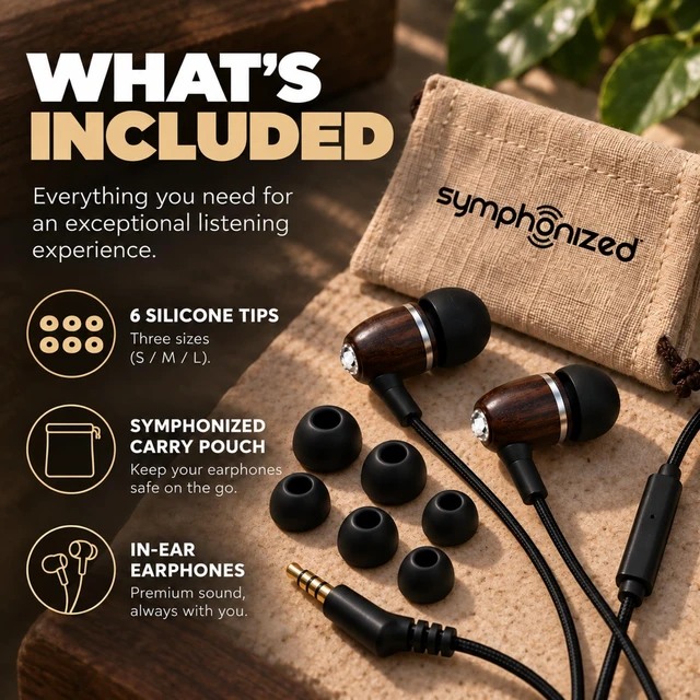 Alt view image 7 of 7 - Wooden Aux 3.5mm Jack Wired Earbuds for Laptop, Computer, Phone | Inline Microphone, Genuine Wood, Deep Bass, S/M/L Ear Bud Tips, Tangle Free Braided Cord, Carry Pouch, 3.5 mm Headphones Wire