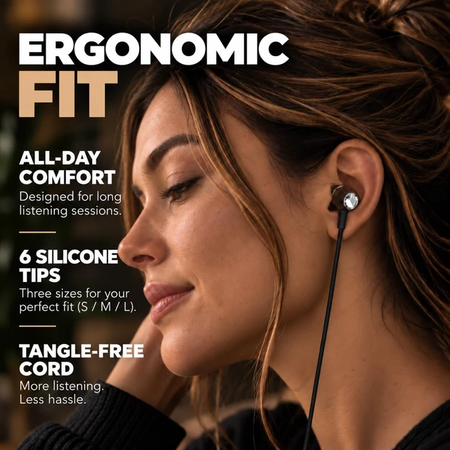Alt view image 5 of 7 - Wooden Aux 3.5mm Jack Wired Earbuds for Laptop, Computer, Phone | Inline Microphone, Genuine Wood, Deep Bass, S/M/L Ear Bud Tips, Tangle Free Braided Cord, Carry Pouch, 3.5 mm Headphones Wire