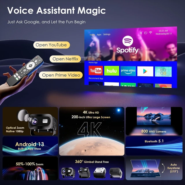 Alt view image 2 of 7 - Projector with WiFi and Bluetooth, Electric Focus & Vertical Keystone, 1080P HD 4K Support, Smart Projector with Built-in Streaming Apps, Portable Projector for Outdoor & Home Movie