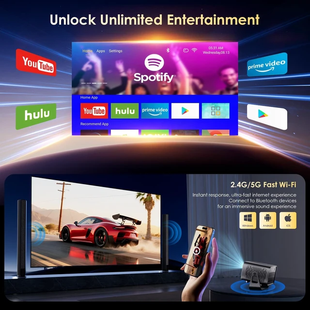 Alt view image 3 of 7 - Projector with WiFi and Bluetooth, Electric Focus & Vertical Keystone, 1080P HD 4K Support, Smart Projector with Built-in Streaming Apps, Portable Projector for Outdoor & Home Movie