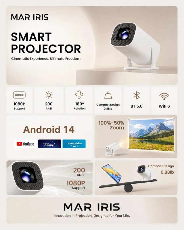 Alt view image 3 of 7 - Mini Portable Projector with WiFi Bluetooth, Builtin Android 14 Apps | 180° Rotatable ElectricFocus 1080P Projector for Bedroom & Outdoor Camping,TV Stick,iPad,PS5,Laptop,HDMI,USB