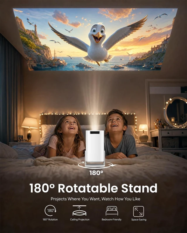 Alt view image 6 of 7 - Mini Portable Projector with WiFi Bluetooth, Builtin Android 14 Apps | 180° Rotatable ElectricFocus 1080P Projector for Bedroom & Outdoor Camping,TV Stick,iPad,PS5,Laptop,HDMI,USB