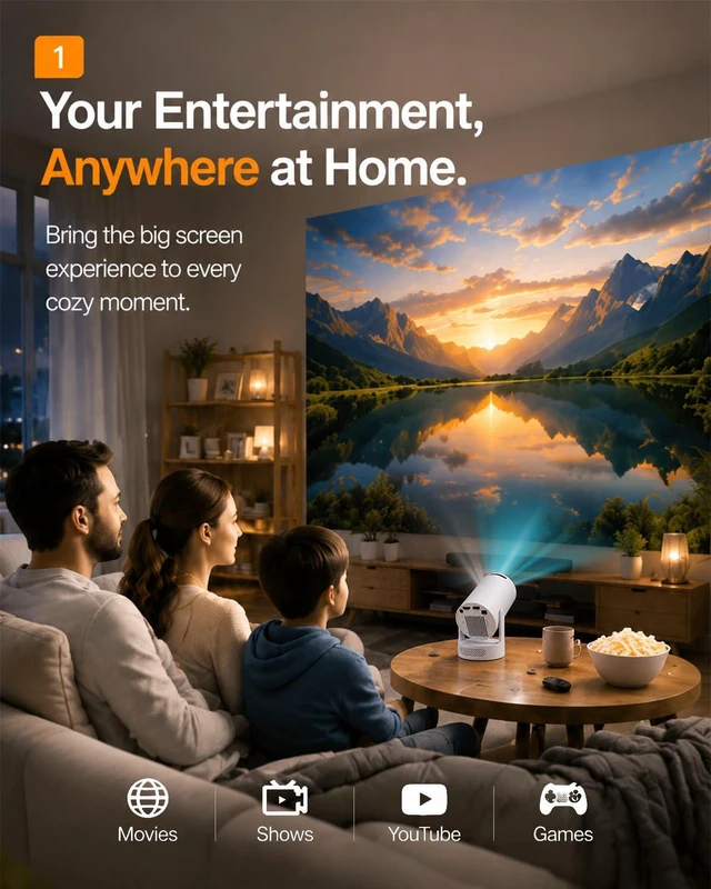 Alt view image 2 of 7 - Mini Portable Projector with Built-in Apps, 180° Rotatable Design, WiFi 6 & Bluetooth 5.4, Movie Projector for Home, Bedroom & Outdoor