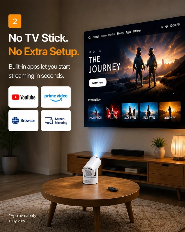 Alt view image 3 of 7 - Mini Portable Projector with Built-in Apps, 180° Rotatable Design, WiFi 6 & Bluetooth 5.4, Movie Projector for Home, Bedroom & Outdoor
