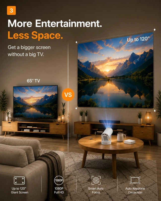 Alt view image 4 of 7 - Mini Portable Projector with Built-in Apps, 180° Rotatable Design, WiFi 6 & Bluetooth 5.4, Movie Projector for Home, Bedroom & Outdoor