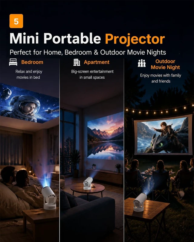 Alt view image 6 of 7 - Mini Portable Projector with Built-in Apps, 180° Rotatable Design, WiFi 6 & Bluetooth 5.4, Movie Projector for Home, Bedroom & Outdoor