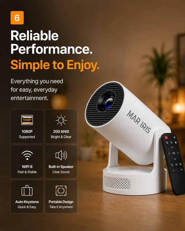 Alt view image 7 of 7 - Mini Portable Projector with Built-in Apps, 180° Rotatable Design, WiFi 6 & Bluetooth 5.4, Movie Projector for Home, Bedroom & Outdoor