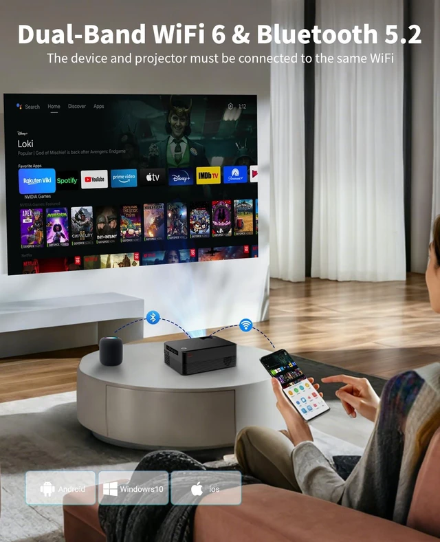 Alt view image 3 of 7 - Mini Projector with Wi-Fi and Bluetooth, Protable Projector 4K Support | Small projector Built-in Apps Native 1080P Auto Focus 270 ANSI Projector Movie for Home Theater/TV Sticks, Laptops, PS5