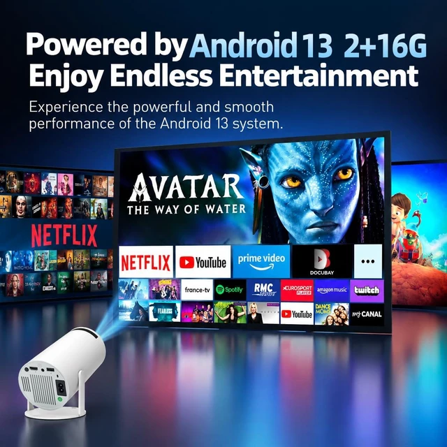 Alt view image 2 of 7 - HY300 Pro Mini Projector with Android 13, 2GB RAM + 16GB Storage, WiFi 6 & Bluetooth, Auto Keystone, 180° Rotatable Portable Smart Projector, 4K Supported