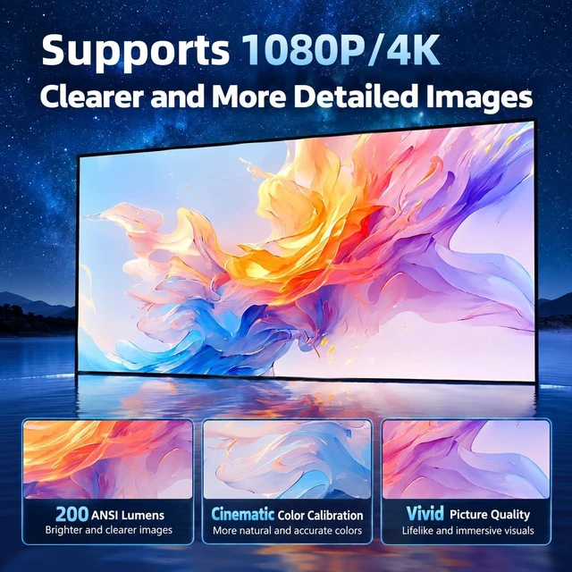 Alt view image 3 of 7 - HY300 Pro Mini Projector with Android 13, 2GB RAM + 16GB Storage, WiFi 6 & Bluetooth, Auto Keystone, 180° Rotatable Portable Smart Projector, 4K Supported