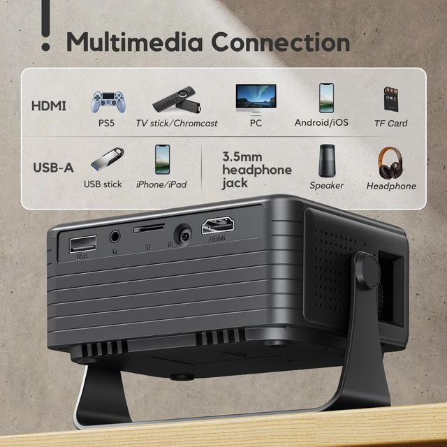 Alt view image 6 of 7 - Mini Projector with WiFi and Bluetooth, AKIYO 2026 Upgraded Projector 1080P | Support Auto Keystone, 360° Rotating, Portable Projector for Home Theater, Compatible with iOS/Android/Laptop/PS5, Black