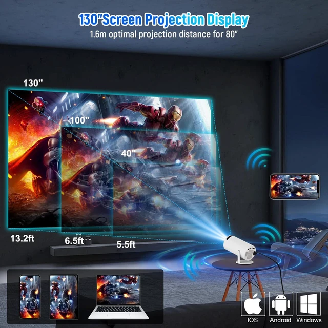 Alt view image 6 of 7 - Mini Projector, Portable Projector 1080P 4K Support, Smart Projector with Auto Keystone Correction, Wifi6 & Bluetooth, 180° Rotatable 130'' Screen Movie Projector, Compatible for Laptop Smartphone PC