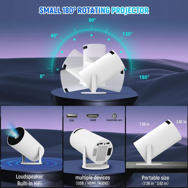 Alt view image 7 of 7 - Mini Projector, Portable Projector 1080P 4K Support, Smart Projector with Auto Keystone Correction, Wifi6 & Bluetooth, 180° Rotatable 130'' Screen Movie Projector, Compatible for Laptop Smartphone PC