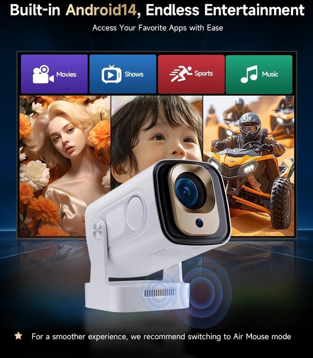 Alt view image 6 of 7 - Auto Focus&1080P Mini Smart Projector 4K Support, Built in Apps | Portable Projector with Wifi 6 and Bluetooth 5.4, Auto Keystone, 5W Speaker, Android 14, Voice Control, Home Movie Proyector