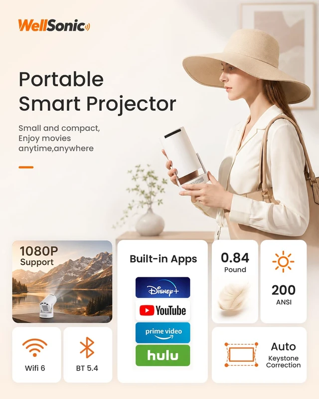Alt view image 2 of 7 - WellSonic Mini Projector with Wifi and Bluetooth, 5W Speaker | 200 ANSI,Supports 1080P, Built-in Apps,Tripod Stand & Carry Bag, 180°Rotatable, Compatible with HDMI USB PC Laptop