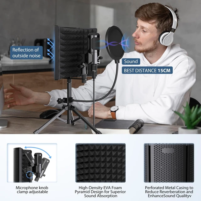 Studio Recording Microphone Isolation Shield with Pop Filter &Tri-Stand ...