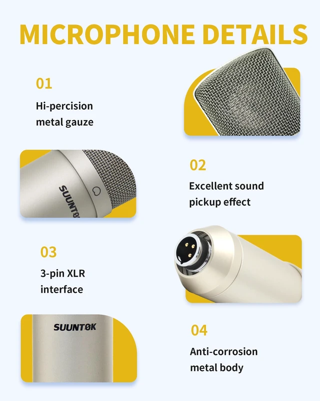 Alt view image 4 of 7 - SUUNTOK XLR Condenser Microphone Recording Microphone for PC Computer Home Studio Cardioid Podcast Mic Kit for Streaming, ASMR, YouTube, Voice-Over, Gaming, Vocal (Silver)