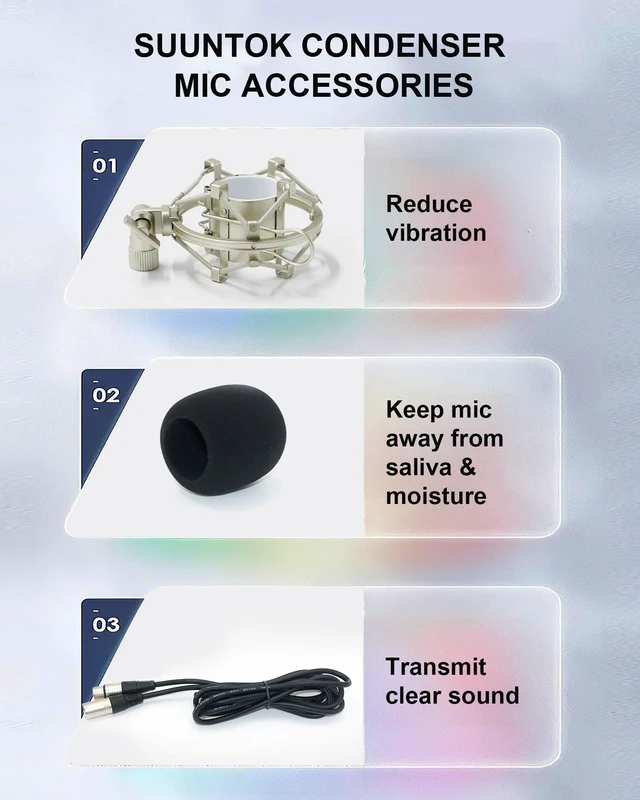 Alt view image 5 of 7 - SUUNTOK XLR Condenser Microphone Recording Microphone for PC Computer Home Studio Cardioid Podcast Mic Kit for Streaming, ASMR, YouTube, Voice-Over, Gaming, Vocal (Silver)