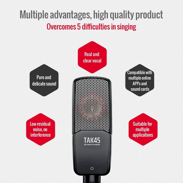 Alt view image 2 of 7 - TAKSTAR TAK45 XLR Cardioid Condenser Mic with 34mm Gold-Plated Diaphragm | 20Hz-20kHz Response, Cardioid Pattern, Shock Mount & Windscreen,Compact for Streaming, 48V Phantom Power Required