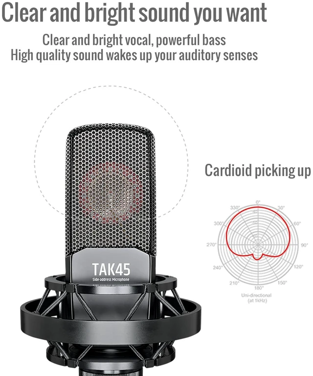 Alt view image 4 of 7 - TAKSTAR TAK45 XLR Cardioid Condenser Mic with 34mm Gold-Plated Diaphragm | 20Hz-20kHz Response, Cardioid Pattern, Shock Mount & Windscreen,Compact for Streaming, 48V Phantom Power Required