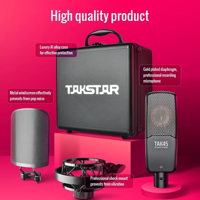 Alt view image 7 of 7 - TAKSTAR TAK45 XLR Cardioid Condenser Mic with 34mm Gold-Plated Diaphragm | 20Hz-20kHz Response, Cardioid Pattern, Shock Mount & Windscreen,Compact for Streaming, 48V Phantom Power Required