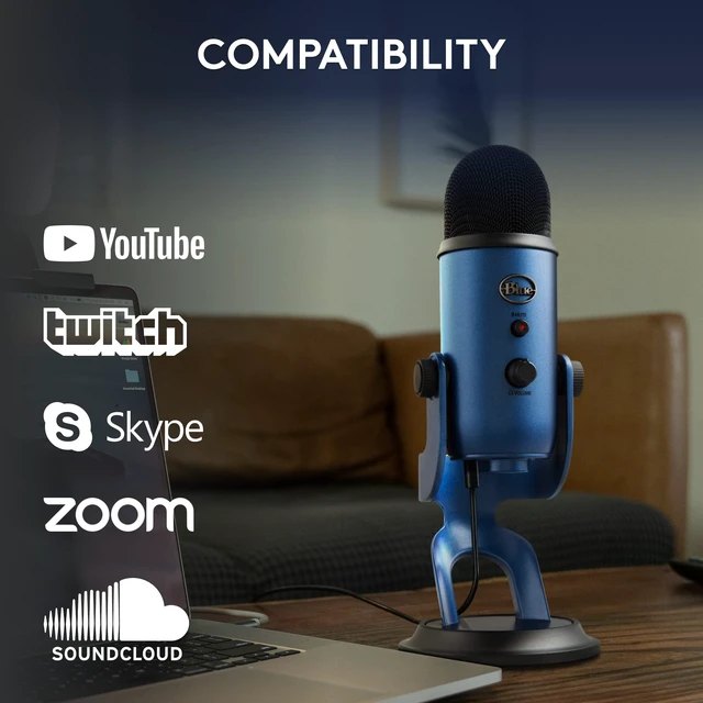 Alt view image 7 of 7 - Logitech Creators Blue Yeti USB Microphone for PC, Mac, Gaming, Streaming, Podcasting, Studio and Computer Condenser Mic with Blue VO!CE Effects, 4 Pickup Patterns, Plug and Play - Midnight Blue