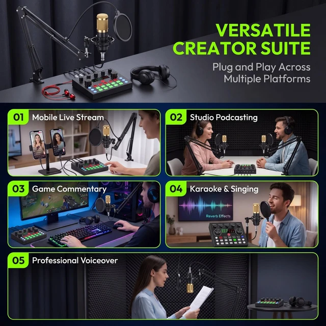 Alt view image 7 of 7 - F998 Podcast Equipment Bundle, Audio Mixer with BM800 Microphone | Podcast Equipment with Sound Card, Recording Studio Equipment for Podcasting Singing Gaming Live Streaming YouTube Tiktok