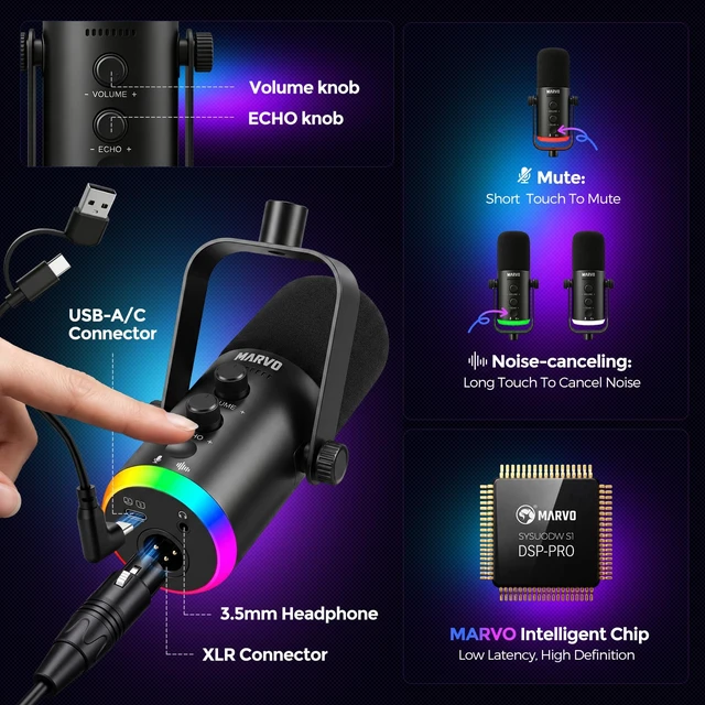 Alt view image 4 of 7 - MARVO Gaming Microphone Set, Condenser PC Mic for Streaming Podcasting with Boom Arm Stand, Mute Button, Headphones Jack, for Recording Vocal Voice, USB and XLR Connectivity