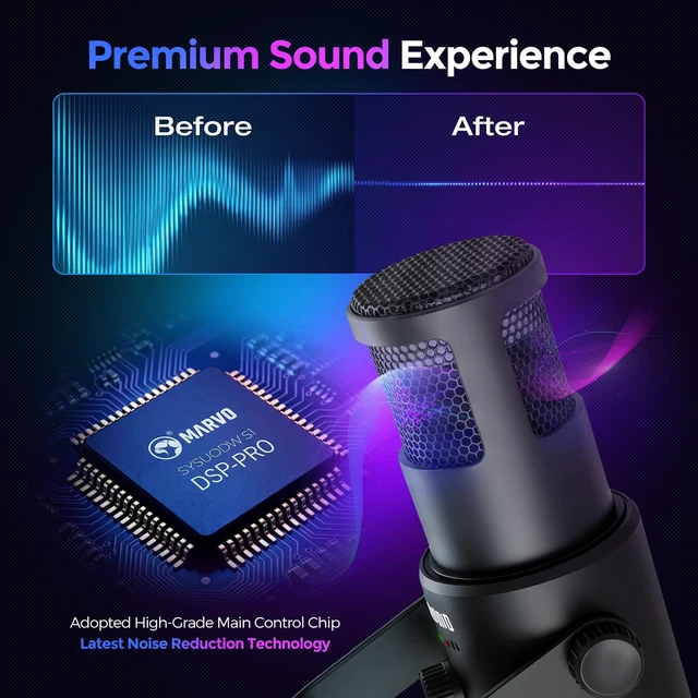 Alt view image 5 of 7 - MARVO Gaming Microphone Set, Condenser PC Mic for Streaming Podcasting with Boom Arm Stand, Mute Button, Headphones Jack, for Recording Vocal Voice, USB and XLR Connectivity