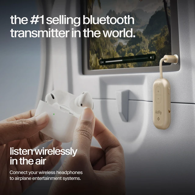 Alt view image 2 of 7 - Twelve South AirFly Pro 2, Bluetooth Adapter, Pair 2 AirPods, Gold | Pair 2 AirPods or Wireless Headphones 3.5mm AUX Bluetooth Transmitter and Receiver for Cars, Boats, Treadmills, TVs & More