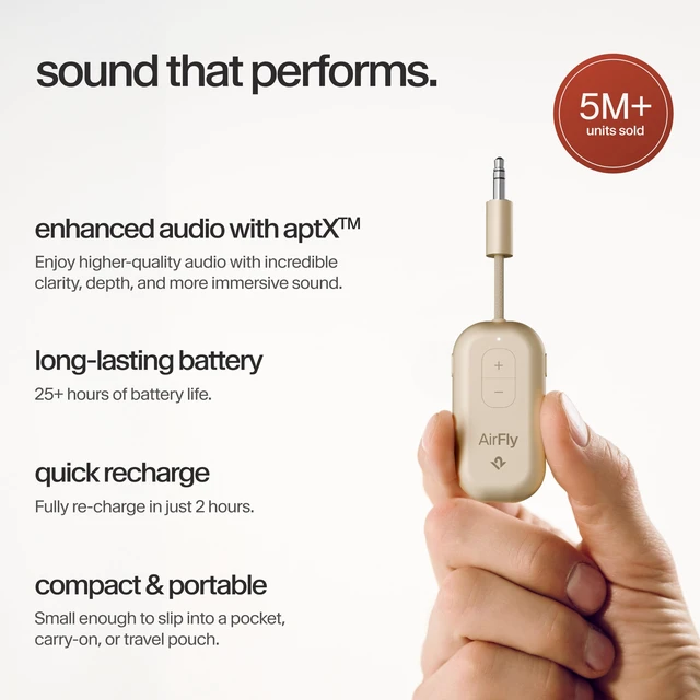 Alt view image 4 of 7 - Twelve South AirFly Pro 2, Bluetooth Adapter, Pair 2 AirPods, Gold | Pair 2 AirPods or Wireless Headphones 3.5mm AUX Bluetooth Transmitter and Receiver for Cars, Boats, Treadmills, TVs & More