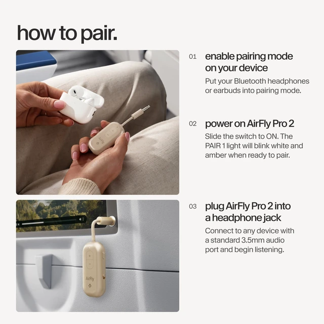Alt view image 6 of 7 - Twelve South AirFly Pro 2, Bluetooth Adapter, Pair 2 AirPods, Gold | Pair 2 AirPods or Wireless Headphones 3.5mm AUX Bluetooth Transmitter and Receiver for Cars, Boats, Treadmills, TVs & More