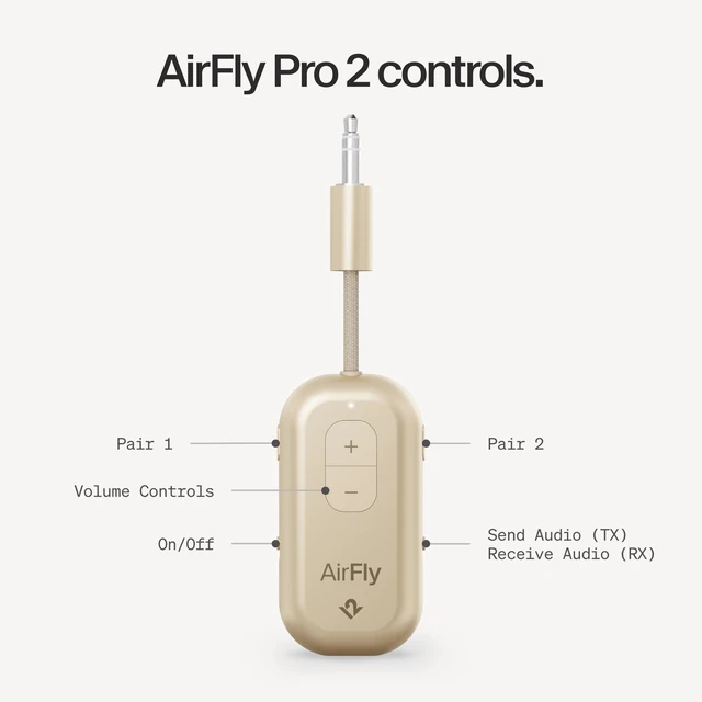 Alt view image 7 of 7 - Twelve South AirFly Pro 2, Bluetooth Adapter, Pair 2 AirPods, Gold | Pair 2 AirPods or Wireless Headphones 3.5mm AUX Bluetooth Transmitter and Receiver for Cars, Boats, Treadmills, TVs & More
