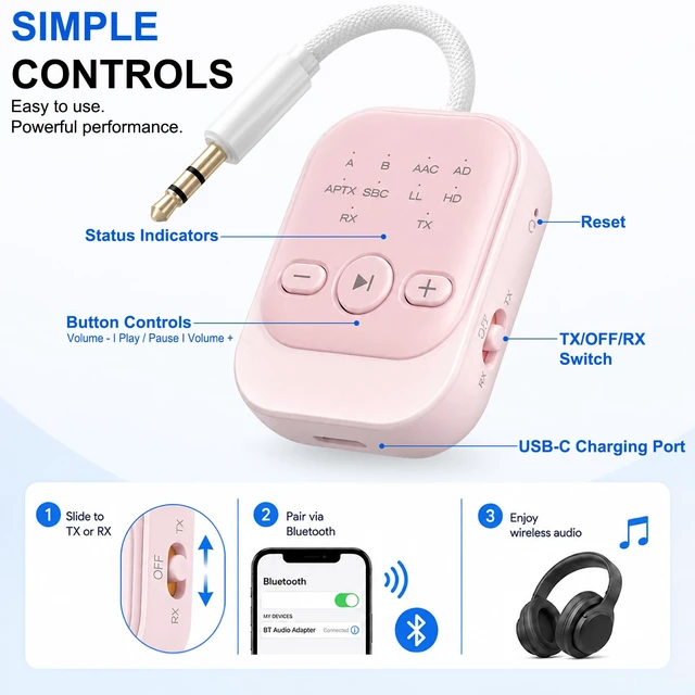 Alt view image 7 of 7 - Bluetooth Transmitter Receiver, Airplane Bluetooth Adapter for TV | Bluetooth 5.3 Airplane Travel Essentials 2-in-1 Wireless Bluetooth Adapter Dual Link for Headphones Low Latency with Mic