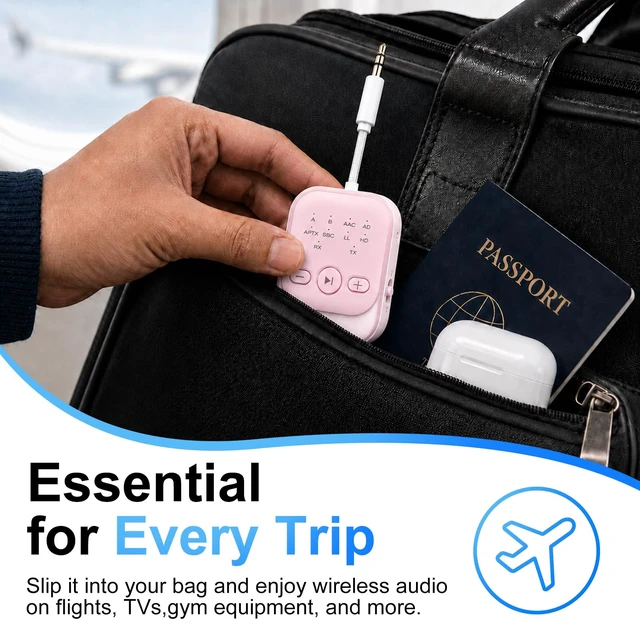 Alt view image 6 of 7 - Bluetooth Transmitter Receiver, Airplane Bluetooth Adapter for TV | Bluetooth 5.3 Airplane Travel Essentials 2-in-1 Wireless Bluetooth Adapter Dual Link for Headphones Low Latency with Mic