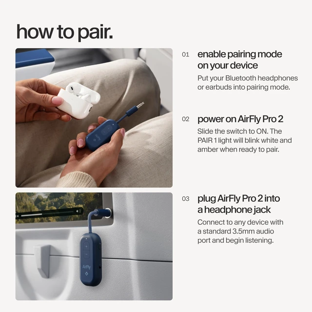Alt view image 5 of 7 - AirFly Pro 2, Bluetooth Adapter, Pair 2 AirPods, Coastal Blue | Pair 2 AirPods or Headphones, 3.5mm AUX Bluetooth Transmitter & Receiver for Cars, Planes, TVs, Treadmills & More
