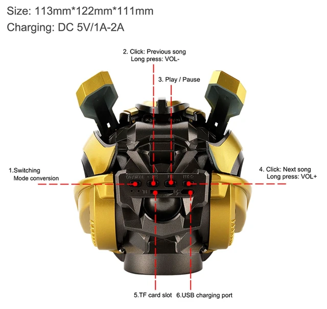 Alt view image 3 of 6 - TECHOBOOM Bumblebee Helmet Portable Wireless Bluetooth Dual Built-in Speaker with Blue Eyes Effect Classic Style