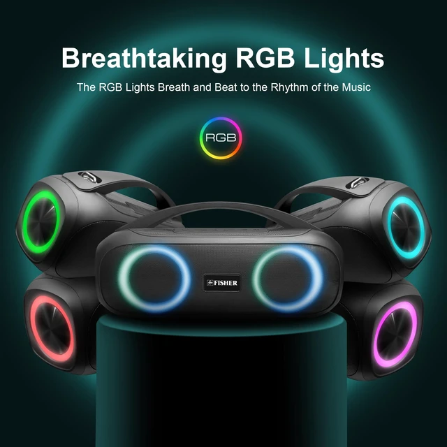 Alt view image 3 of 7 - Fisher Portable Bluetooth Speaker, IPX5 Waterproof Speaker, 60W Peak Power | Stereo Boombox HD Sound Bluetooth Speaker with RGB Lights, TWS, FM Radio, AUX, Wireless Electronic, Use Anywhere