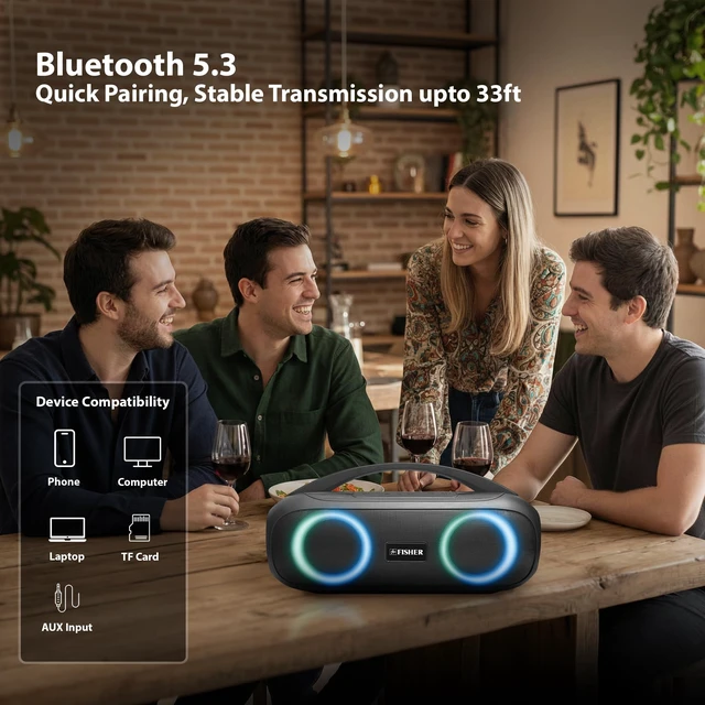 Alt view image 4 of 7 - Fisher Portable Bluetooth Speaker, IPX5 Waterproof Speaker, 60W Peak Power | Stereo Boombox HD Sound Bluetooth Speaker with RGB Lights, TWS, FM Radio, AUX, Wireless Electronic, Use Anywhere