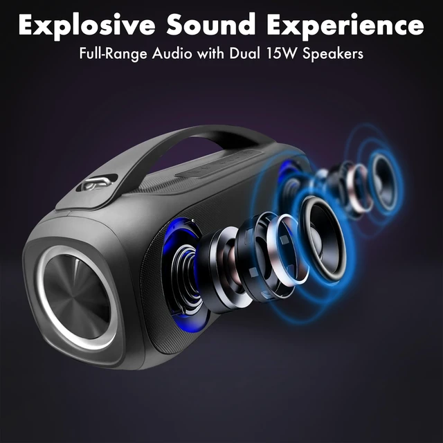 Alt view image 5 of 7 - Fisher Portable Bluetooth Speaker, IPX5 Waterproof Speaker, 60W Peak Power | Stereo Boombox HD Sound Bluetooth Speaker with RGB Lights, TWS, FM Radio, AUX, Wireless Electronic, Use Anywhere