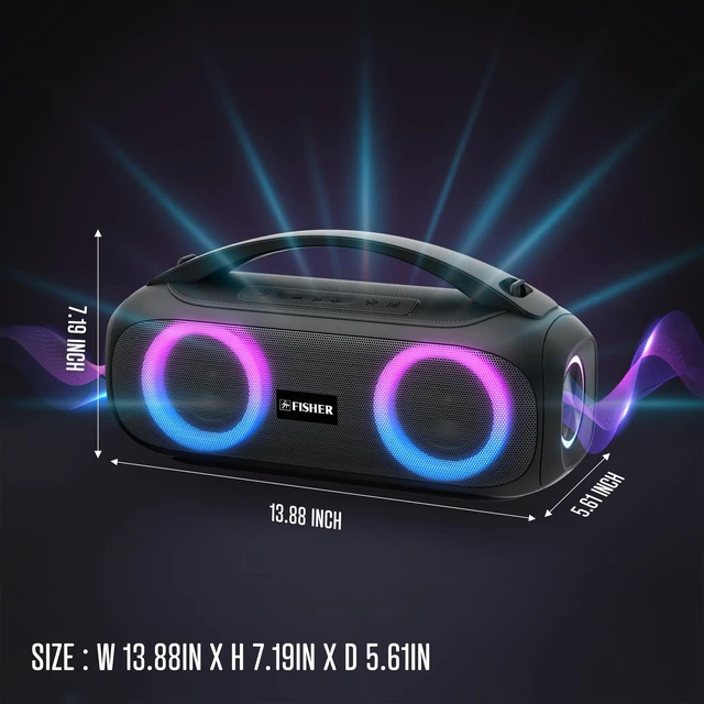 Alt view image 6 of 7 - Fisher Portable Bluetooth Speaker, IPX5 Waterproof Speaker, 60W Peak Power | Stereo Boombox HD Sound Bluetooth Speaker with RGB Lights, TWS, FM Radio, AUX, Wireless Electronic, Use Anywhere