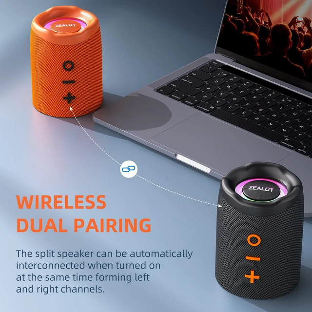 Alt view image 4 of 6 - ZEALOT 2-in-1 Portable Bluetooth Speaker, 20W Bluetooth Speaker Waterproof, Maganetic Speaker for Girls, Stereo Sound LED Lights, Wireless Pair,BT5.4/ USB/TF. for Gym, Hiking, Beach-Black Orange