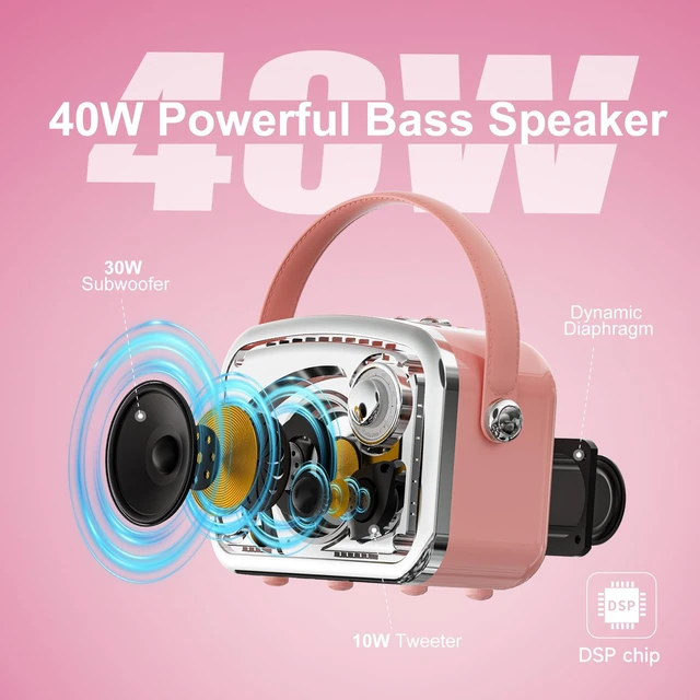 Alt view image 2 of 7 - Retro Bluetooth Speaker, 40W, Vintage Decor, Small Gift for Women Man, Pink | Portable, Wireless, Bluetooth 5.3, TWS, Support USB/TF Card/AUX, Old Fashion style for Bedroom, Kitchen, Office, Desk