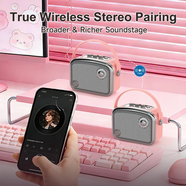 Alt view image 5 of 7 - Retro Bluetooth Speaker, 40W, Vintage Decor, Small Gift for Women Man, Pink | Portable, Wireless, Bluetooth 5.3, TWS, Support USB/TF Card/AUX, Old Fashion style for Bedroom, Kitchen, Office, Desk