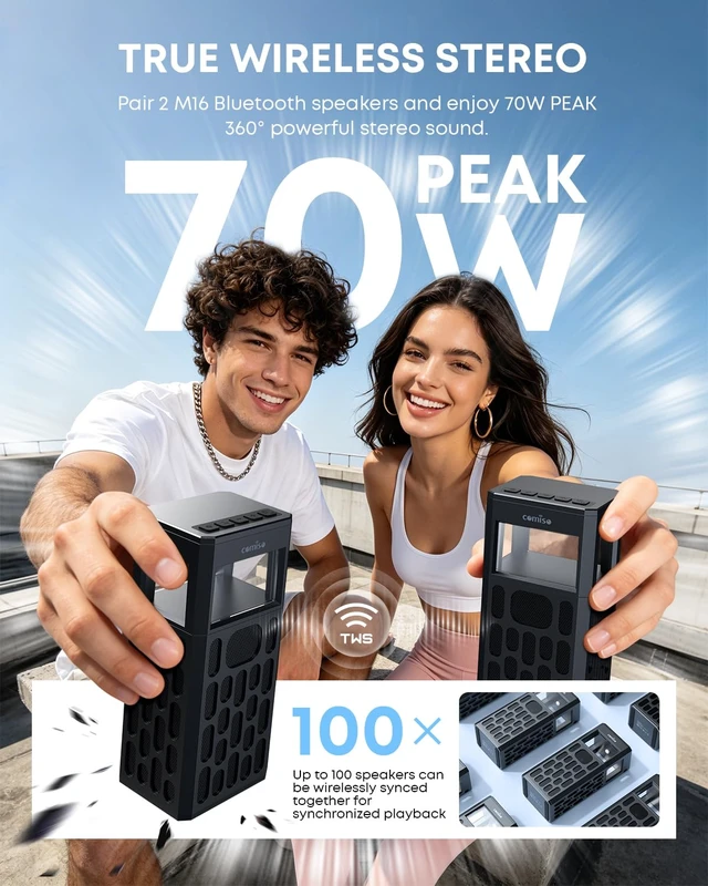 Alt view image 6 of 7 - 30W Portable Bluetooth Speaker, Deep Bass, IPX6 Waterproof, LED Lights | 30W stereo sound, IPX6 water resistance, dual white/warm lights, 12-hour playtime, wireless stereo pairing, hands-free calls.